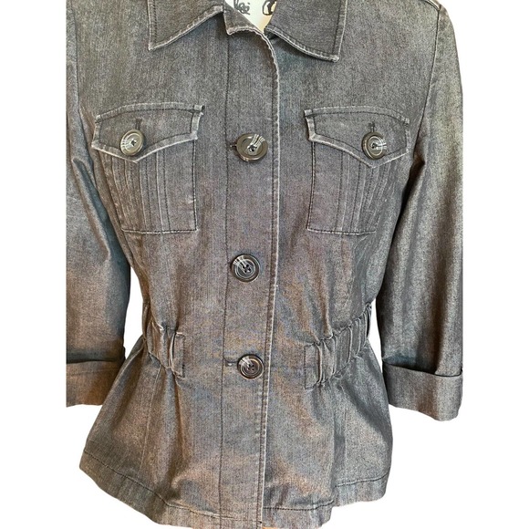 Women’s Larry Levine Size Medium Jacket Denim Cropped 3/4 Sleeves Blazer - Picture 2 of 11